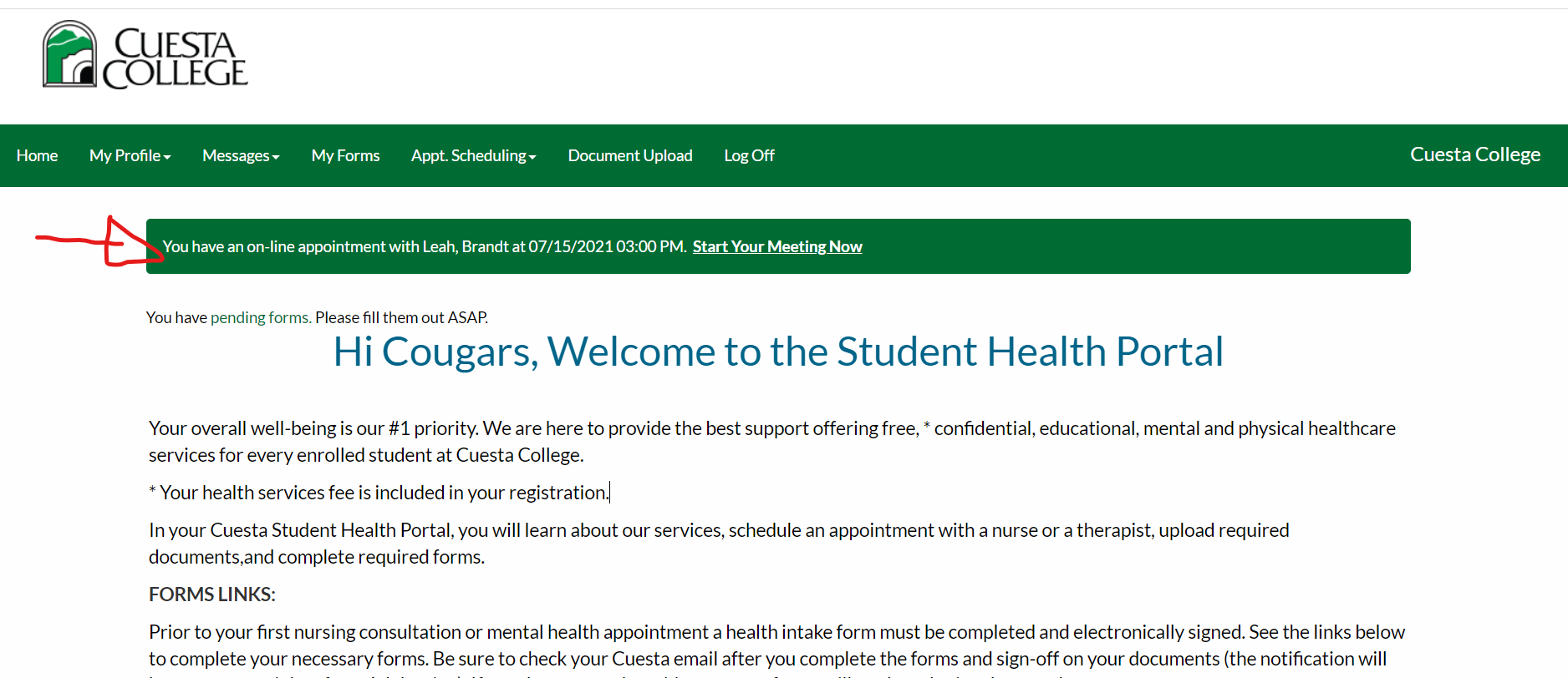 Zoom Link Image as Appears on Student Health Portal